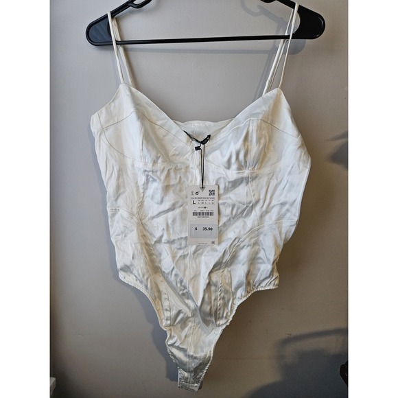 Zara Tops - ZARA Satin Bodysuit Women's Size L White Adjustable Straps Snap Closure NWT